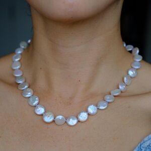 NWT Elegant Knotted White Coin Pearl Beaded Necklace W Sterling Silver Clasp